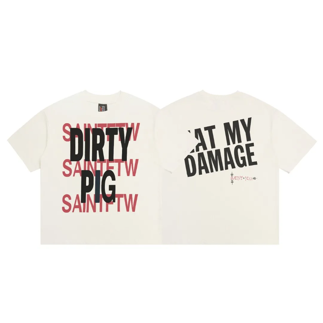Saint Michael's new niche letter print retro pure cotton loose short-sleeved T-shirt with digital white ink direct injection, the fabric is breathable and the pattern is three-dimensional and clear. Fabric: Double yarn 240g Style number: S853 Size: S-M-L-XL Color: Off-white Price: P110